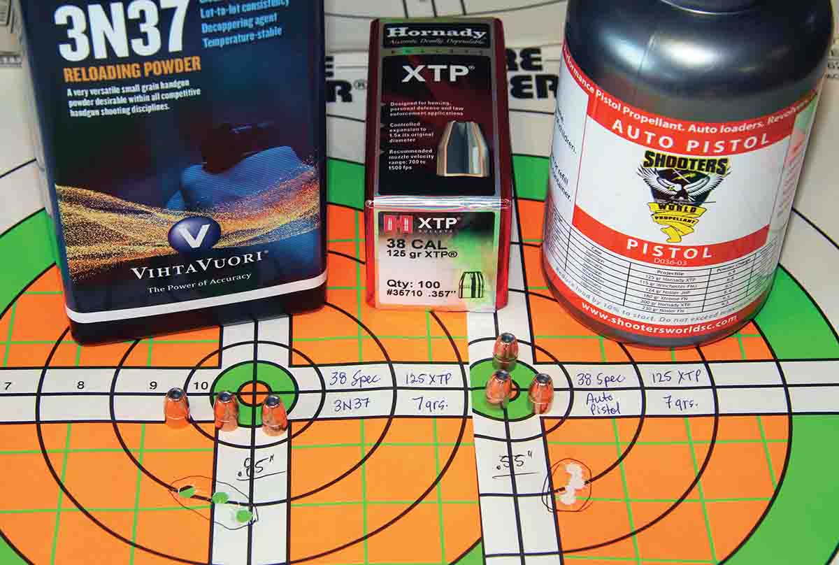 The two tightest 38 Special groups resulting from the Hornady 125-grain XTP included a .85-inch group at 987 fps using 7 grains of Vihtavuori 3N37 and a .55-inch group at 1,027 using 7 grains of Shooters World Auto Pistol.